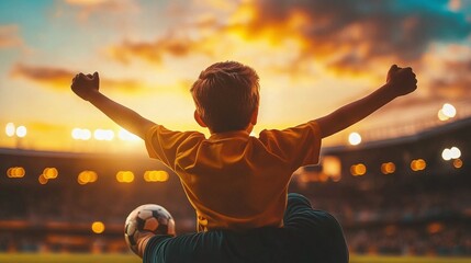 joyful father-son celebration at a football match, sharing the energy of the crowd and the excitement of the win