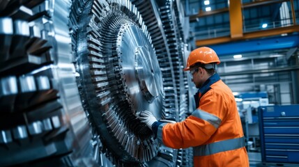 Industrial worker wearing safety gear inspecting large machinery parts in a factory setting