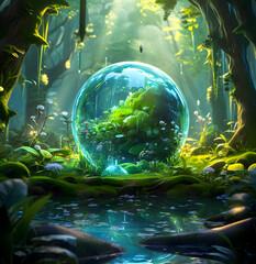 Eco fantasy world in a glass orb, lush green landscapes and tiny homes symbolize harmony with nature. Ideal for themes of environment, sustainability, and imagination