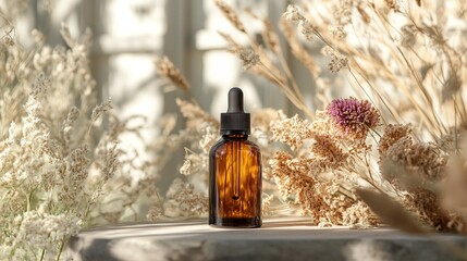 minimalist beauty display featuring a matte glass bottle of herbal serum with essential oil, arranged with dry pampas flowers
