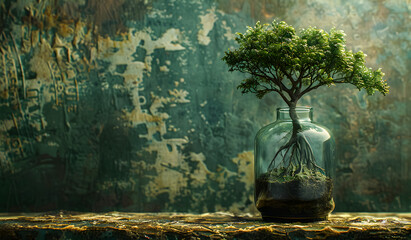 small bonsai tree growing from glass bottle on marble floor background. Financial ideas and growing economic direction. economic growth banner background