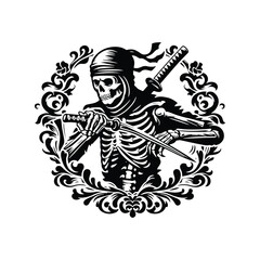 Fototapeta premium ninja skeleton with victorian flourish, in black and white illustrations, cutout graphic
