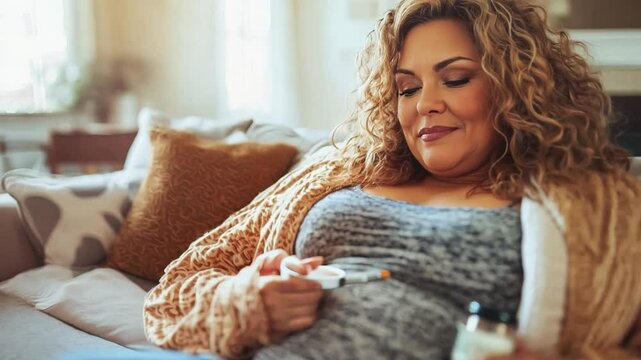 An obese woman injecting insulin into her abdomen, seated comfortably on her living room couch, emphasizing self-care and diabetes management.