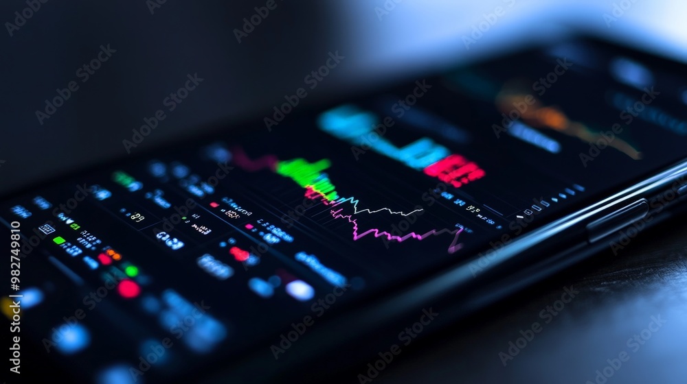 Poster a close-up of a smartphone displaying a cryptocurrency trading app, with real-time data