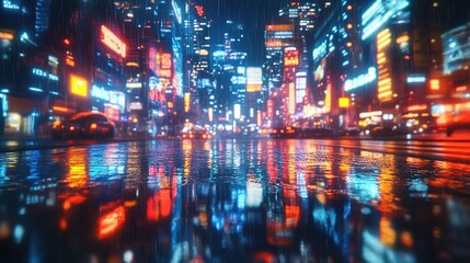 Fototapeta premium Neon Cityscape Reflection in Rain