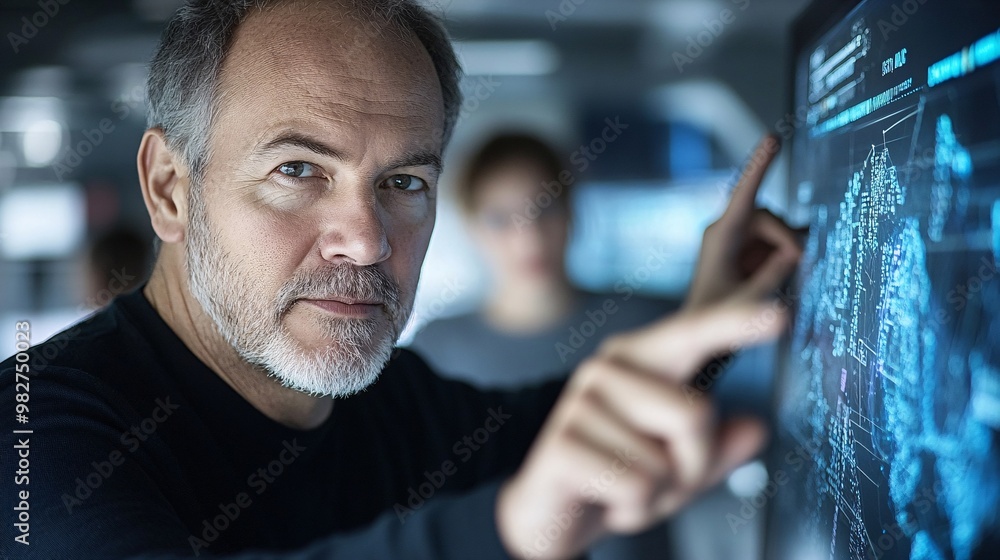 Poster an older executive guiding younger colleagues through a digital presentation in a bright, contempora