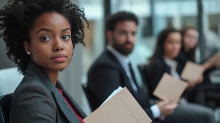Professionals waiting in line for a job interview holding resumes