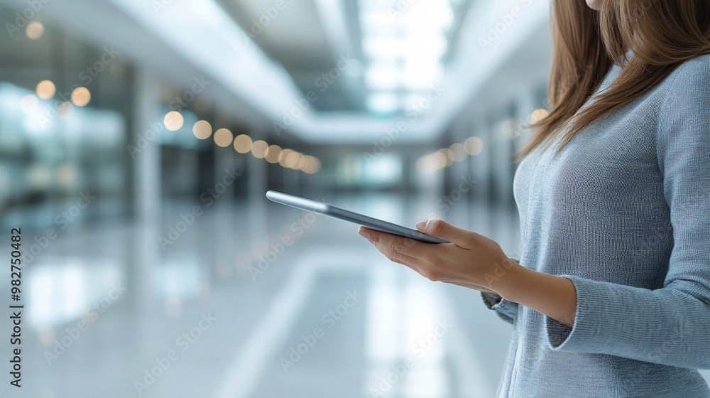 Fototapete using a tablet in a sleek, modern office. the image is captured from a distant angle, with a blurred