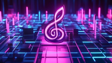 A 3D treble clef floating in a neon-lit grid with soundbars rising from the ground