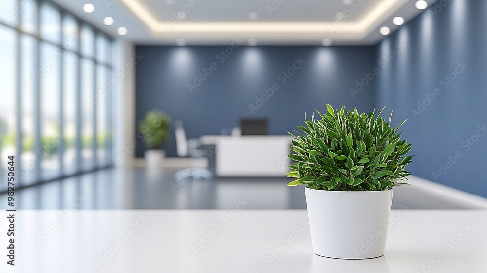 Poster using a tablet in a sleek, modern office. The image is captured from a distant angle, with a blurred office object in the foreground for a hidden perspective. Large space for text in center Stock