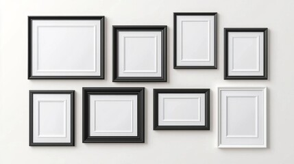 A collection of empty photo frames in various sizes and styles, perfect for displaying photos on any wall.