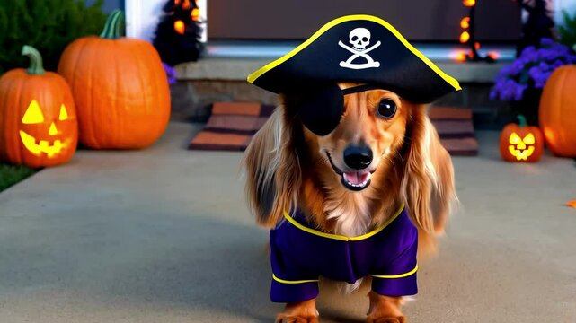 Adorable Dachshund sausage dog in pirate costume with hat eye patch in spooky front yard Halloween pumpkin decorations