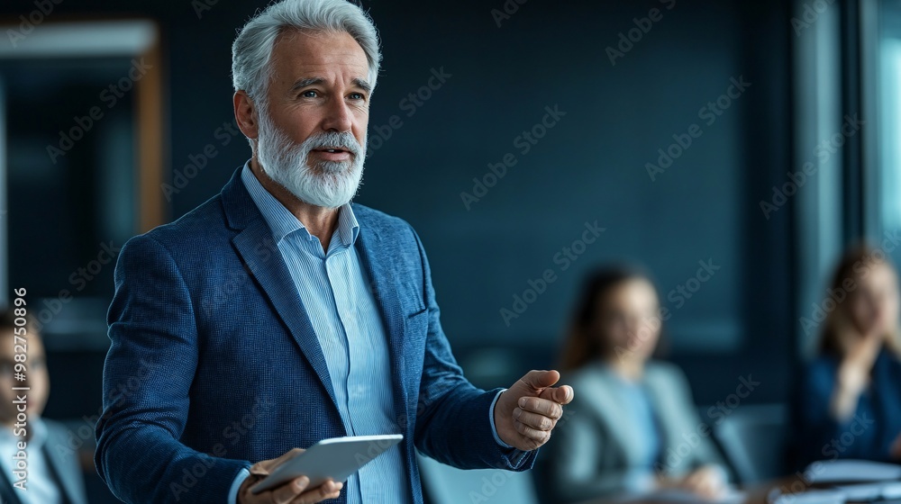 Poster a senior employee guiding younger colleagues through a digital presentation in a contemporary, minim