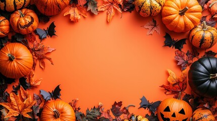 Pumpkins & leaves on orange