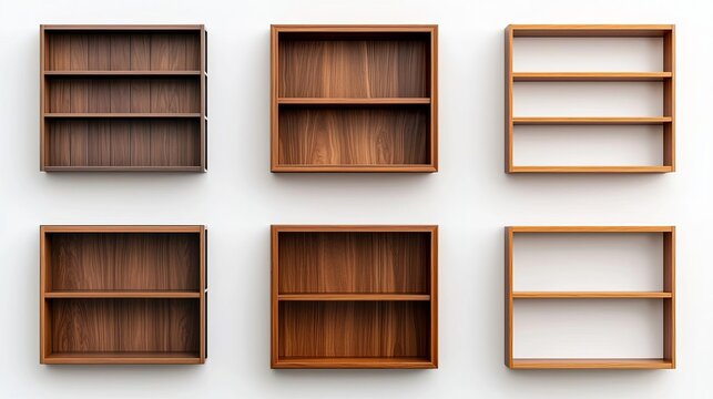 A collection of wooden shelves arranged in a grid, showcasing different designs and wood finishes for home decor inspiration.