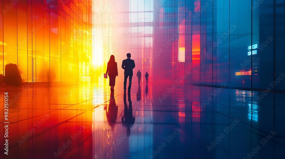 Poster Two employees from different age groups collaborating on a project using a tablet in a brightly lit, modern office. The photograph is taken from a hidden perspective, with part of the image blurred
