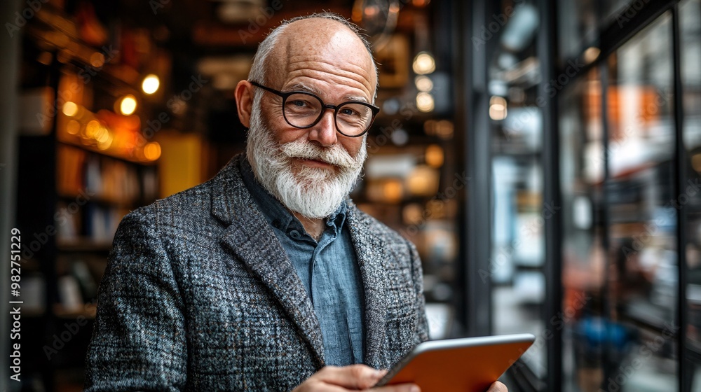 Aufkleber an older professional leading a discussion with younger colleagues, using a tablet in a bright, open