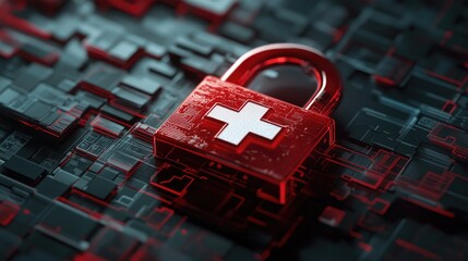 Digital security concept with a red padlock and white medical cross, representing the safeguarding of sensitive healthcare data.
