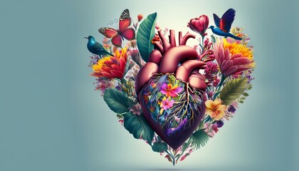 "Create an image featuring a detailed anatomical heart as the central element. The heart should be realistic, with veins and arteries, but from its cavities, vibrant tropical flowers are growing and b