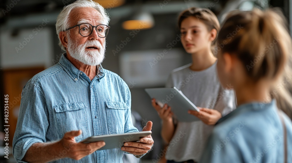 Poster An older professional leading a discussion with younger colleagues, using a tablet in a bright, open office space. The image is taken from a distant viewpoint, with a blurred object in the foreground