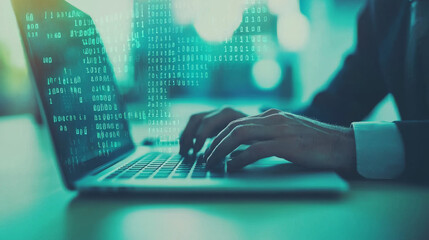 Close-up of hands typing on a laptop with binary code in the background.