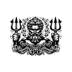 Poseidon greek god with trisula with victorian flourish in black and white illustrations, cutout graphic black and white illustration