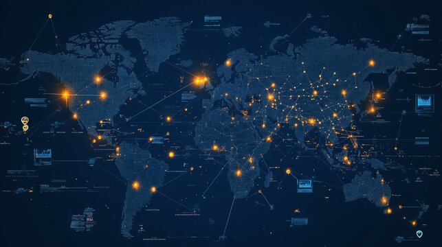 A global map showing blockchain nodes across different countries, symbolizing a decentralized financial network