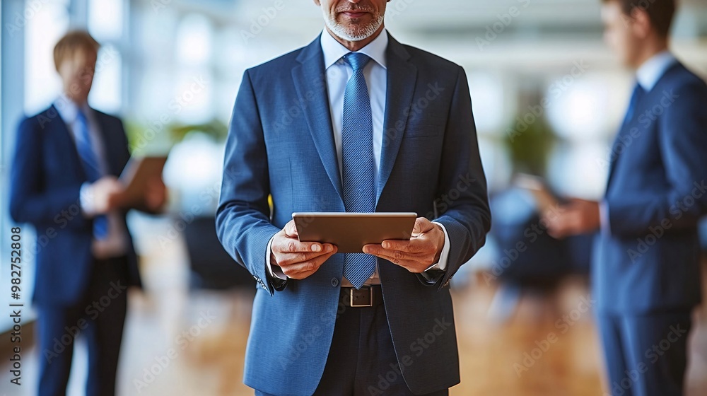 Poster a senior employee explaining details to younger professionals using a tablet in a bright, modern off