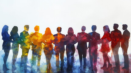 A colorful silhouette of a diverse group of people standing together, symbolizing unity and collaboration in a vibrant style.
