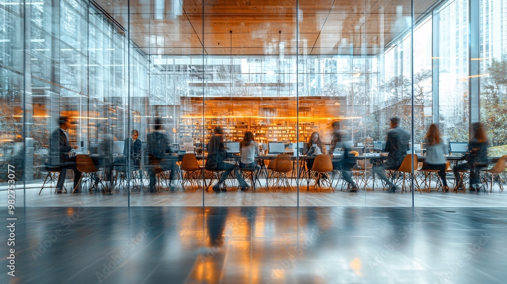 Aufkleber Employees from different cultural backgrounds collaborating on a digital project in a glass-walled office. The scene is captured from a distant corner, with blurred objects adding a hidden