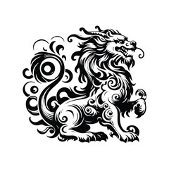 Qilin with victorian flourish decoration in black and white illustrations, cutout graphic