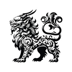 Fototapeta premium Qilin with victorian flourish decoration in black and white illustrations, cutout graphic