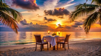 Fototapeta premium Romantic dinner on a tropical beach at sunset , Paradise, ocean, love, romantic, dinner, beach, sunset, getaway, vacation