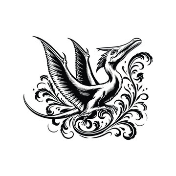 recommend clip art: Pteranodon with victorian flourish, in black and white illustrations, cutout graphic