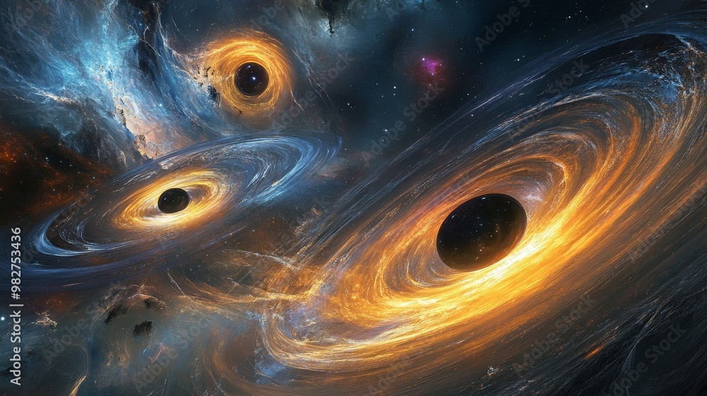 Poster a cosmic scene depicting multiple black holes interacting in a cluster, creating complex gravitation