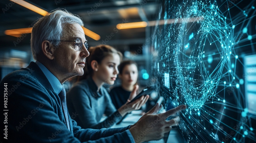 Poster An older executive discussing project strategies with younger team members in a high-tech office, all using digital devices. The image is shot from a distance with a blurred foreground object,