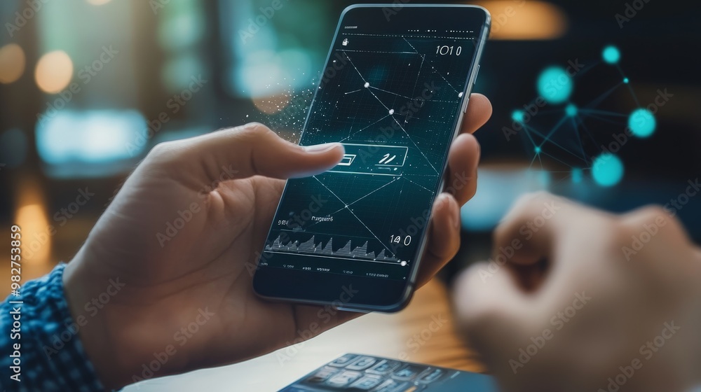 Poster a digital banking interface on a smartphone, with a user making a transaction