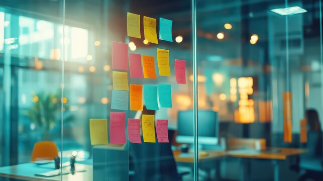 Team brainstorming session with colorful sticky notes on a glass wall in a contemporary office