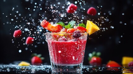 A vibrant fruit cocktail splashes in a glass, showcasing fresh berries and tropical fruit.