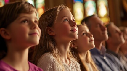 Naklejka premium A family attending a religious service together, with expressions of devotion and faith