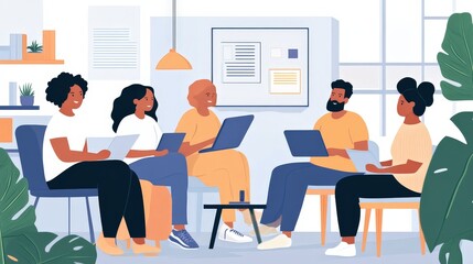 A diverse group of individuals working together on a financial literacy project in a community center