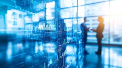 Two colleagues of different ages discussing a digital project in a contemporary meeting room, using a tablet to illustrate their points. The image is taken from a hidden perspective with part of the