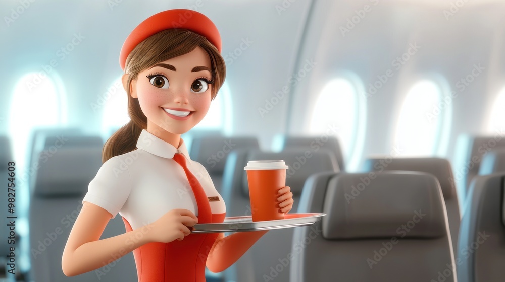 Canvas Prints A cheerful flight attendant serving coffee on an airplane.