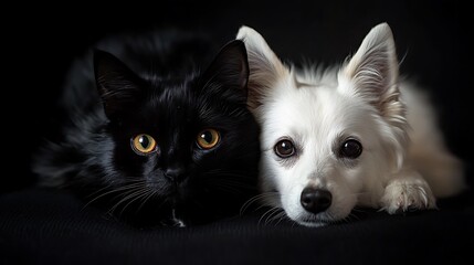 A black cat and a white dog resting closely together on a dark background.