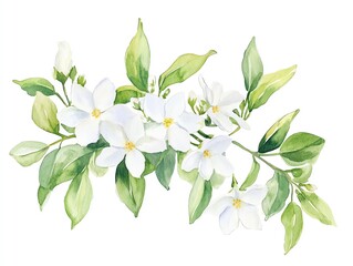 Watercolor jasmine clipart featuring delicate white flowers and green leaves