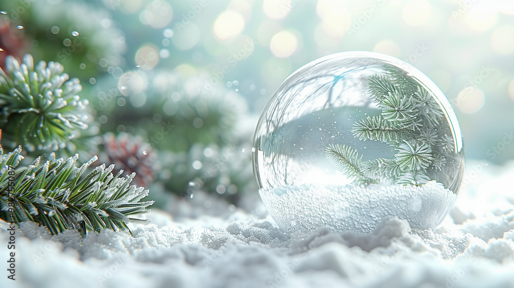 Poster snow globe with frosted pine branches in a winter scene..