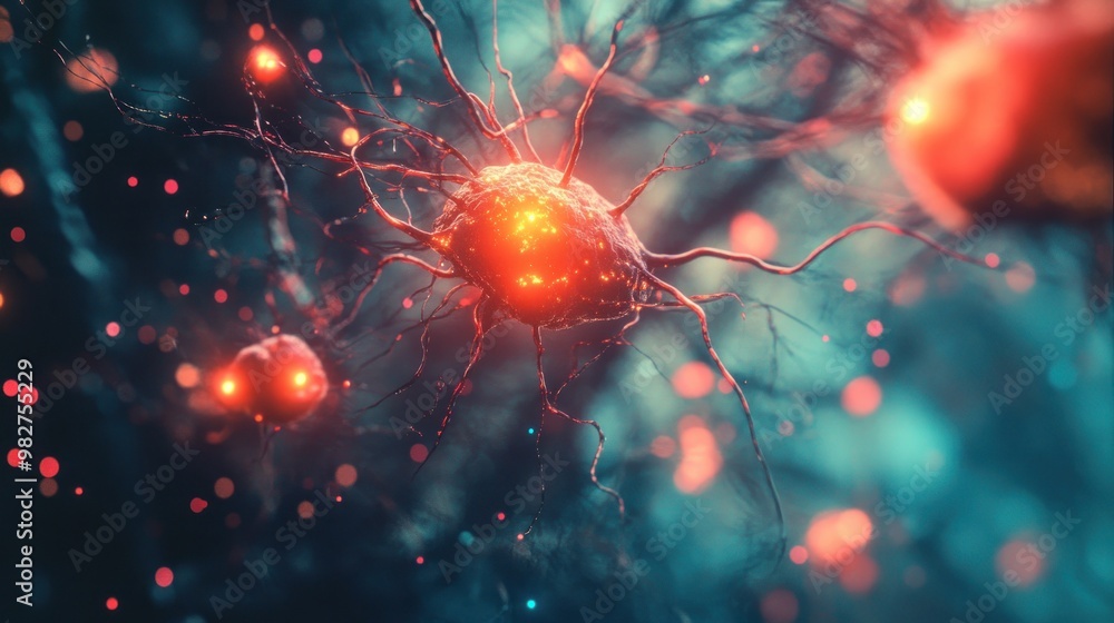 Poster a close-up view of neurons with glowing connections, illustrating neural networks.