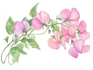 Watercolor sweet pea clipart with pastelcolored blooms and curly tendrils
