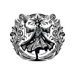 shaman male with victorian flourish, in black and white illustrations, cutout graphic
