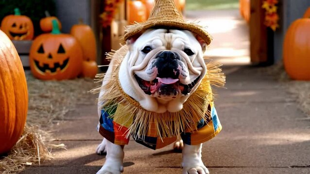 Cute English Bulldog in Scarecrow costume straw hat standing in pumpkin patch entrance Halloween decorations, All Hallows Eve